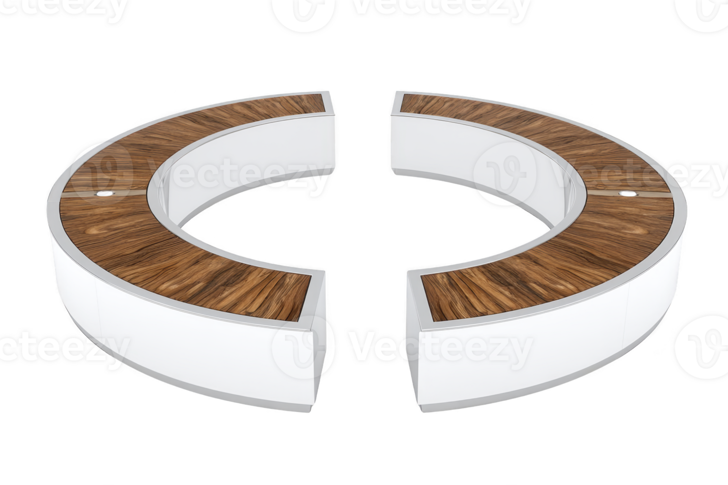 Curved modular seating with wooden tops and white bases, designed for modern spaces. semi circular arrangement allows for flexible configurations, enhancing communal areas png