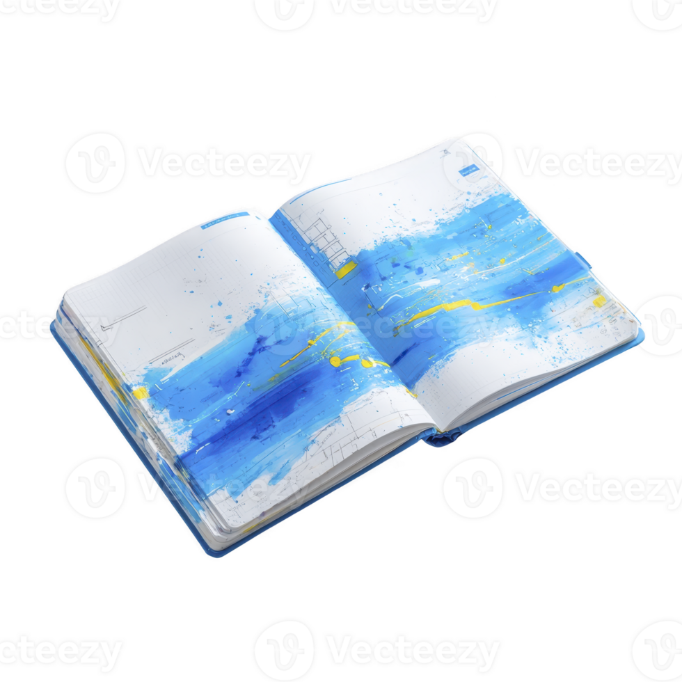 Open book with abstract blue and yellow watercolor splashes on its pages, creating dynamic and artistic visual. vibrant colors and fluid design evoke creativity and inspiration png