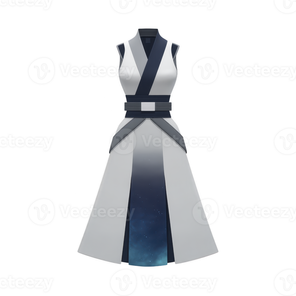 Sleeveless, futuristic dress with gradient design and wide belt, featuring blend of white and blue tones. dress has sleek, modern aesthetic with cosmic pattern png