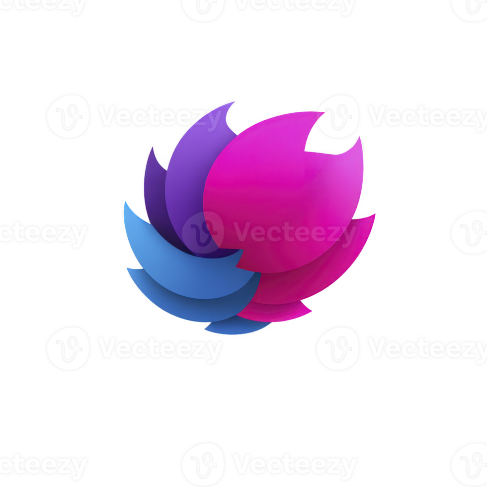 Vibrant abstract logo design featuring overlapping petals in shades of pink, purple, and blue, creating dynamic and modern appearance. petals form circular shape, suggesting motion and unity png