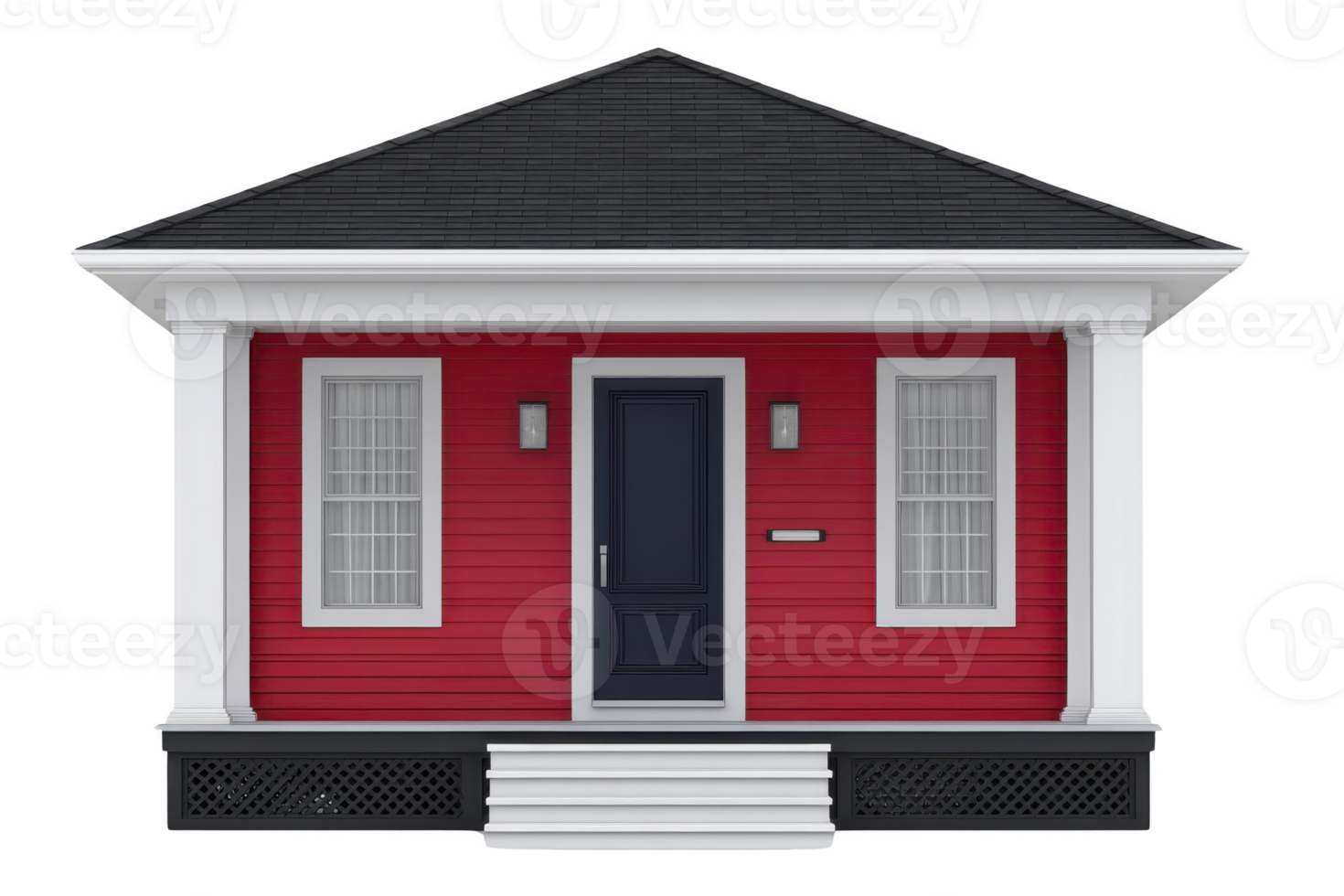 Charming small red house with black roof and white columns, featuring central door and two windows. design is simple yet inviting, perfect for cozy home png