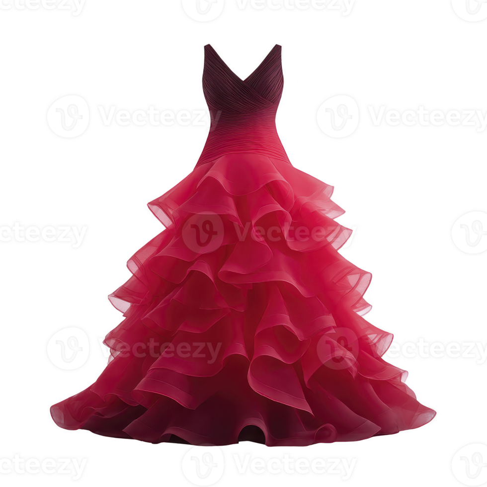 Stunning red ball gown with layered ruffles and fitted bodice, perfect for formal occasions and elegant events. vibrant color and flowing design create dramatic effect png