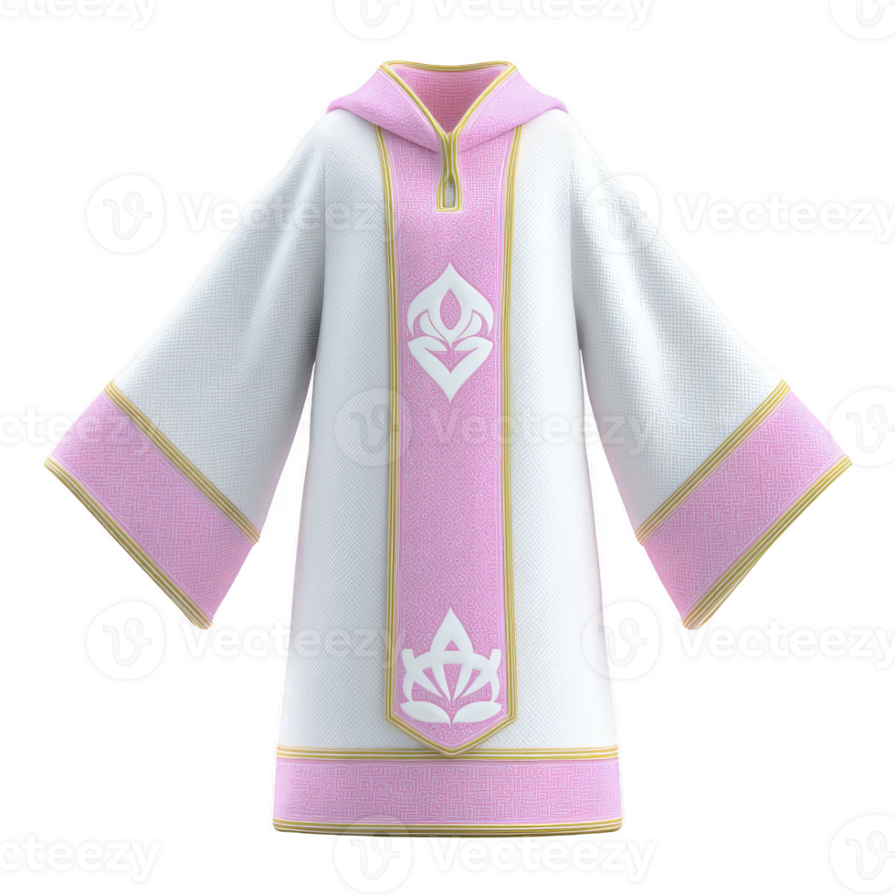 White and pink ceremonial robe with gold trim and symbolic patterns, featuring wide sleeves and decorative front panel. design is elegant and traditional png