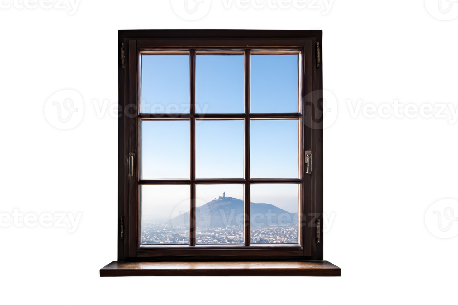 Wooden window frame reveals clear view of distant mountain under bright blue sky, evoking sense of tranquility and openness png