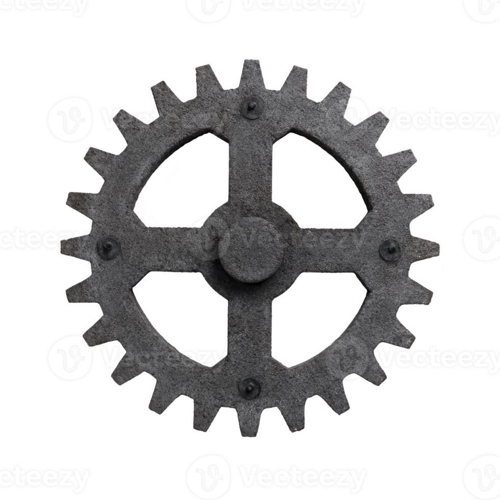 Large, weathered metal gear with rustic appearance, featuring prominent teeth and central hub, evokes sense of industrial history and mechanical engineering png