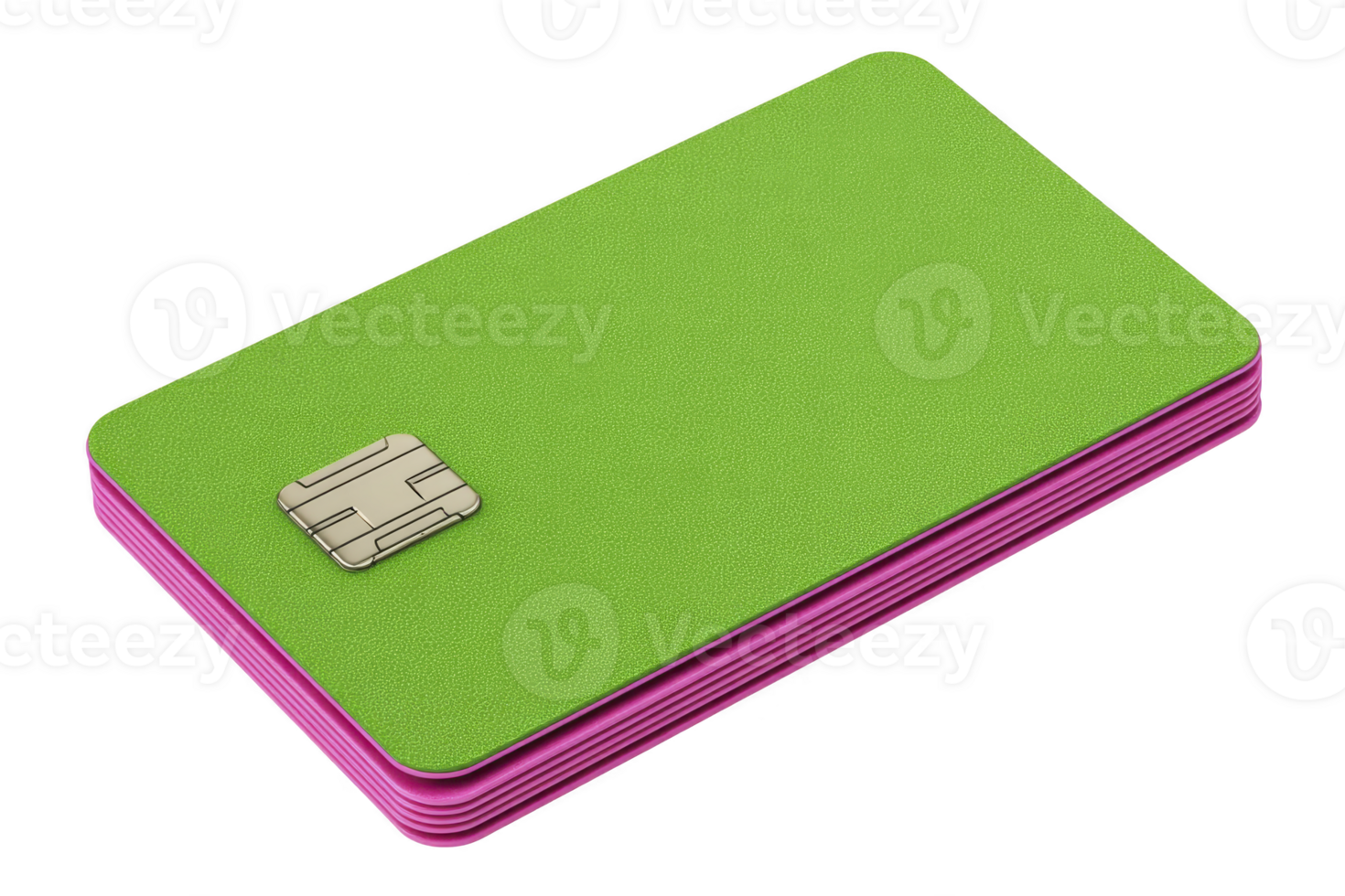 Stack of colorful credit cards with green top card and pink edges, featuring visible chip, isolated on transparency background png