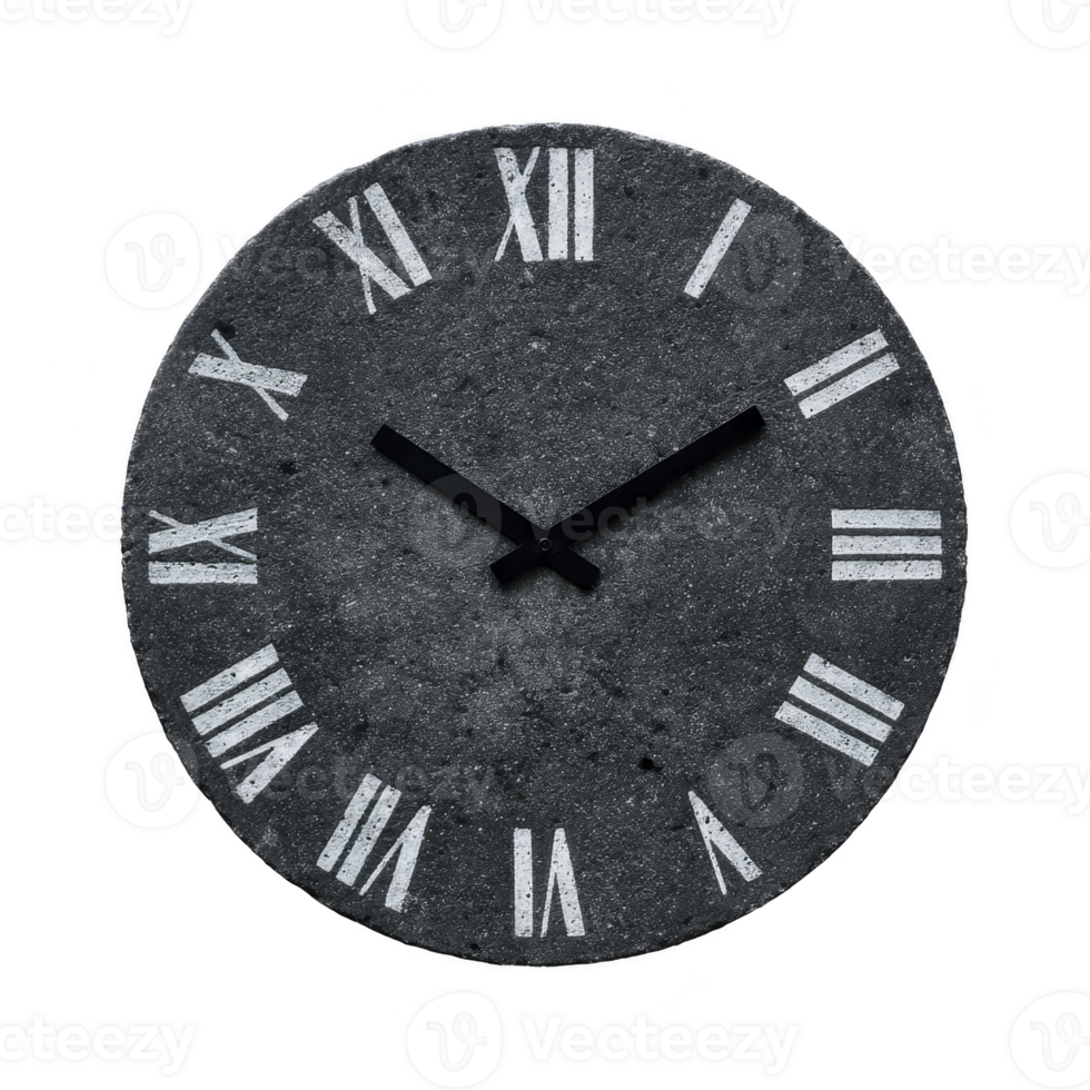 Round, vintage style wall clock with Roman numerals and textured black surface, featuring white markings and black hands, evokes classic and timeless aesthetic png
