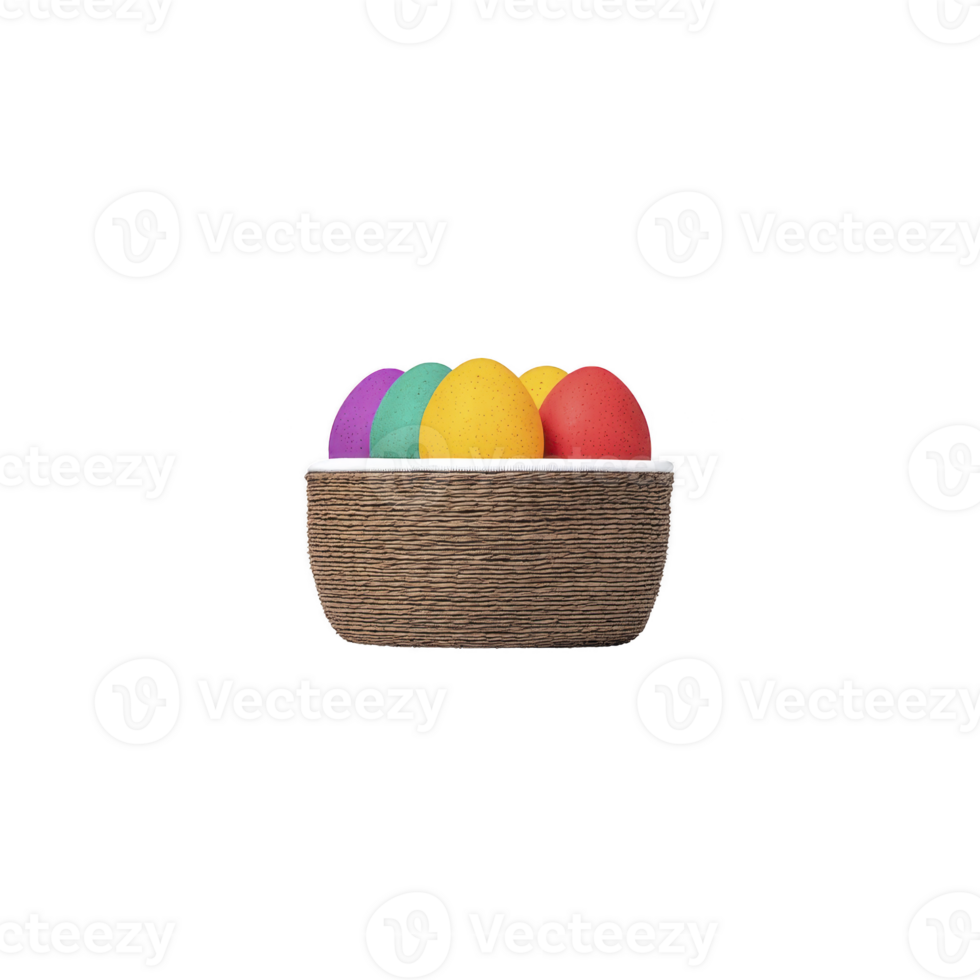 Basket filled with colorful Easter eggs, including purple, blue, yellow, and red, is displayed against plain background, evoking festive and cheerful atmosphere png