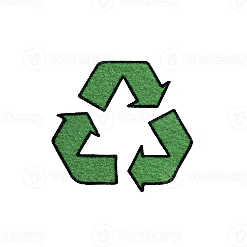 Green recycling symbol with three arrows forming triangle, representing sustainability and environmental conservation. texture appears rough, resembling grass or turf png