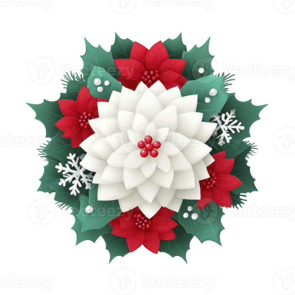 Festive floral arrangement featuring large white flower surrounded by red flowers, green leaves, and snowflakes, creating holiday themed decoration png