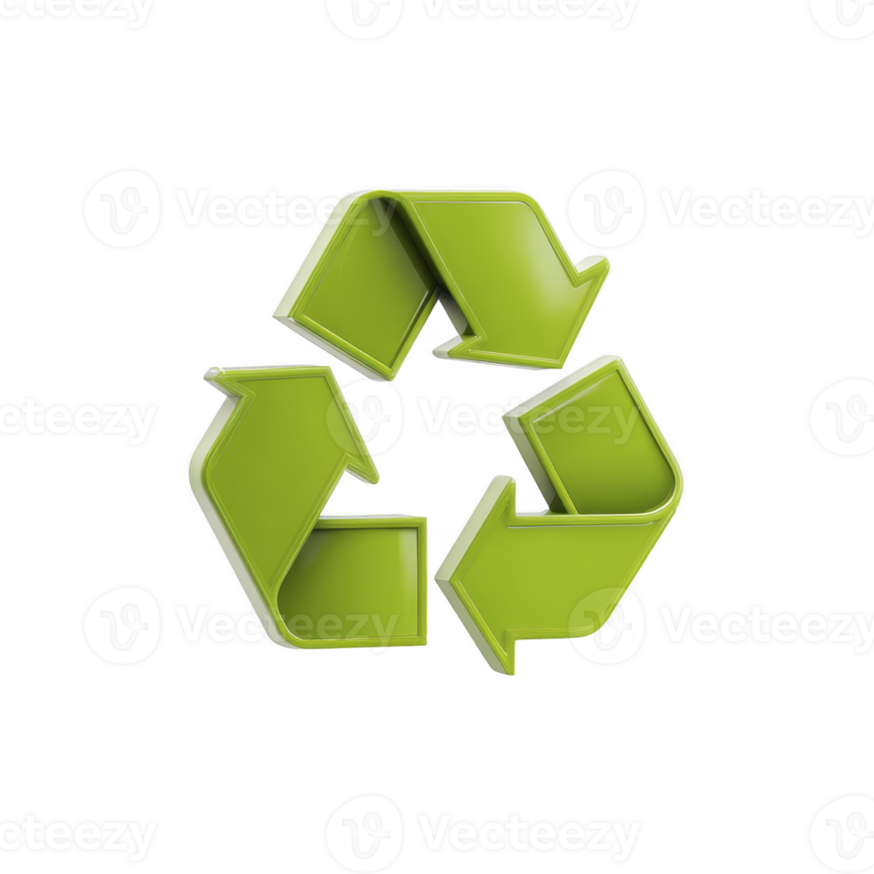 Green recycling symbol with three arrows forming triangle, representing sustainability and environmental conservation. glossy design emphasizes eco friendly practices and waste reduction png