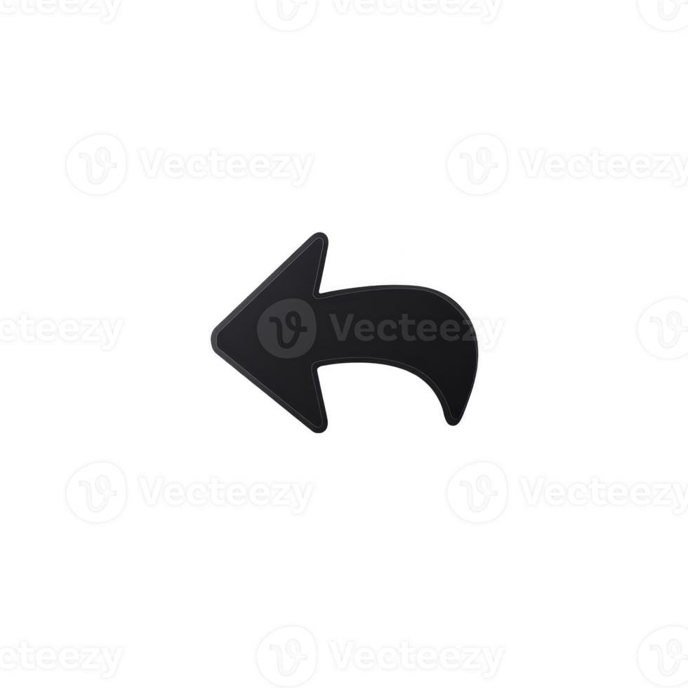 Black curved arrow pointing left on transparent background, symbolizing return or undo action. simple design is commonly used in digital interfaces for navigation or correction purposes png