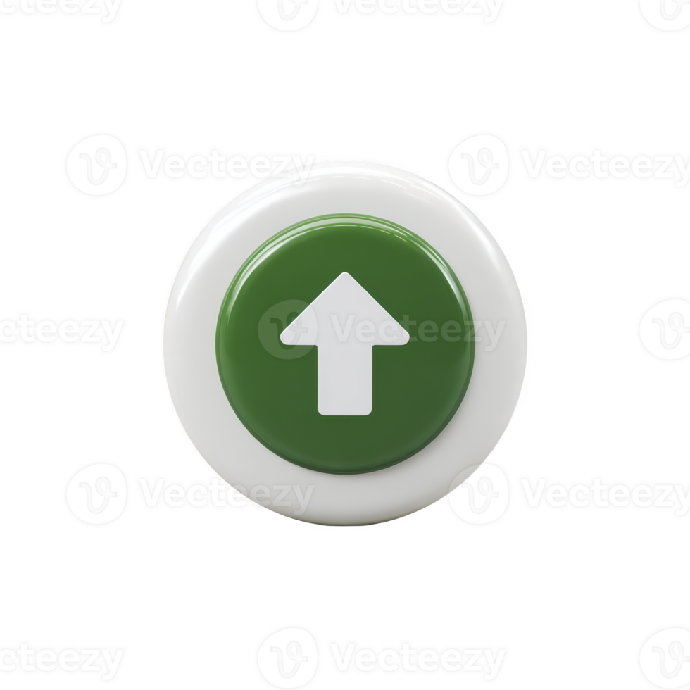 Green button with white arrow pointing upwards is centered on white circular base, symbolizing upward direction or increase. design is simple and clear png