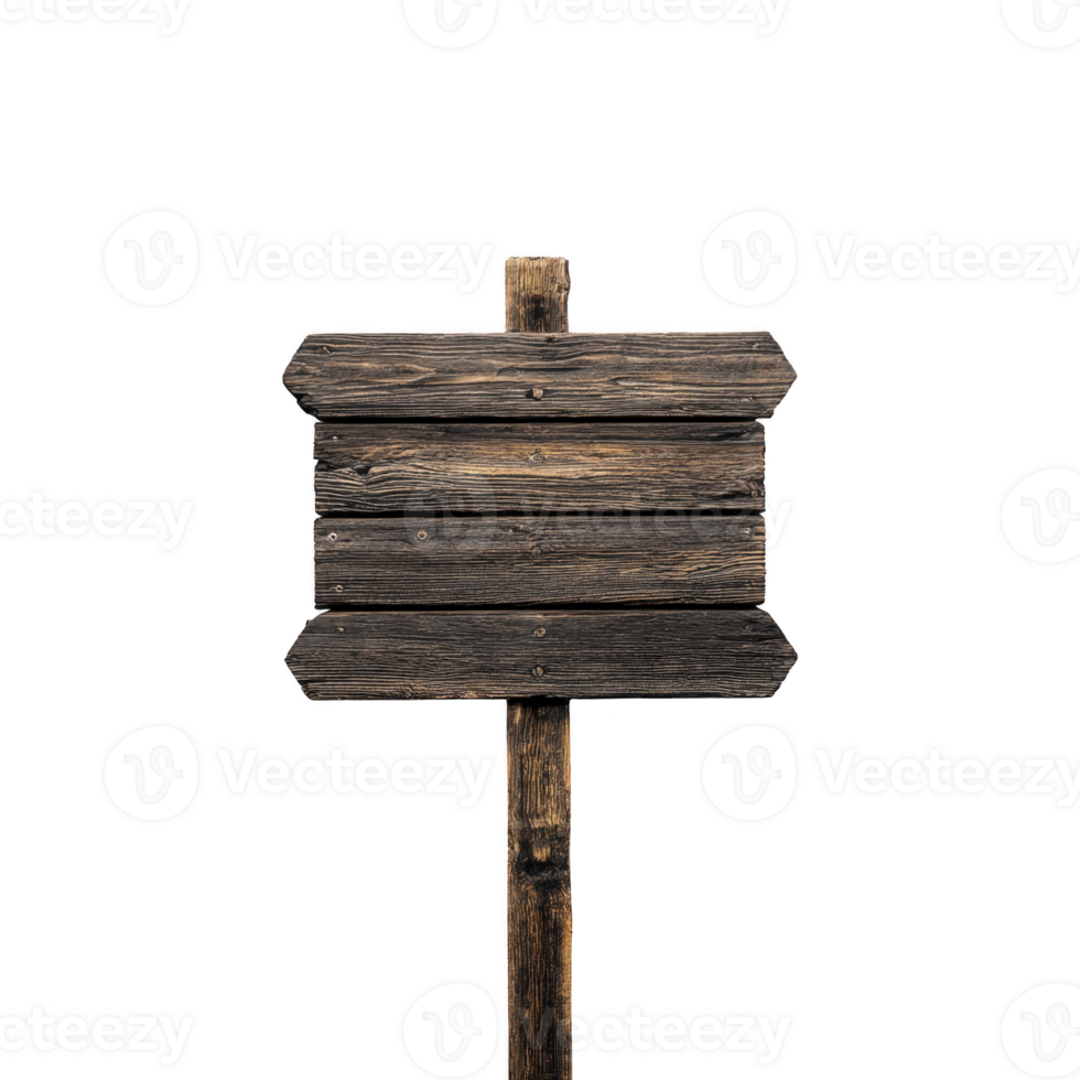 Rustic wooden signpost stands isolated against transparency background, showcasing its weathered texture and natural wood grain. sign is blank, offering space for custom text or design png