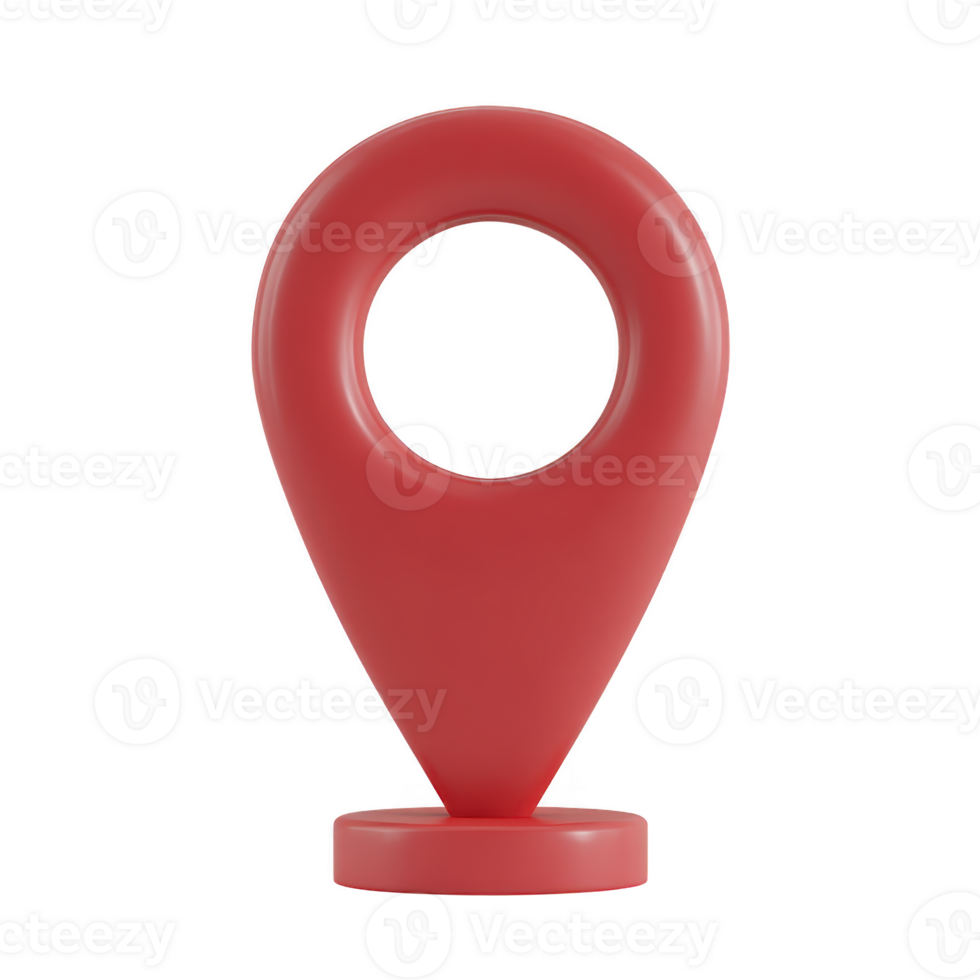 Red 3D location pin icon with circular hole in center, standing upright on flat base. design is simple and modern, often used in digital maps to indicate specific location png