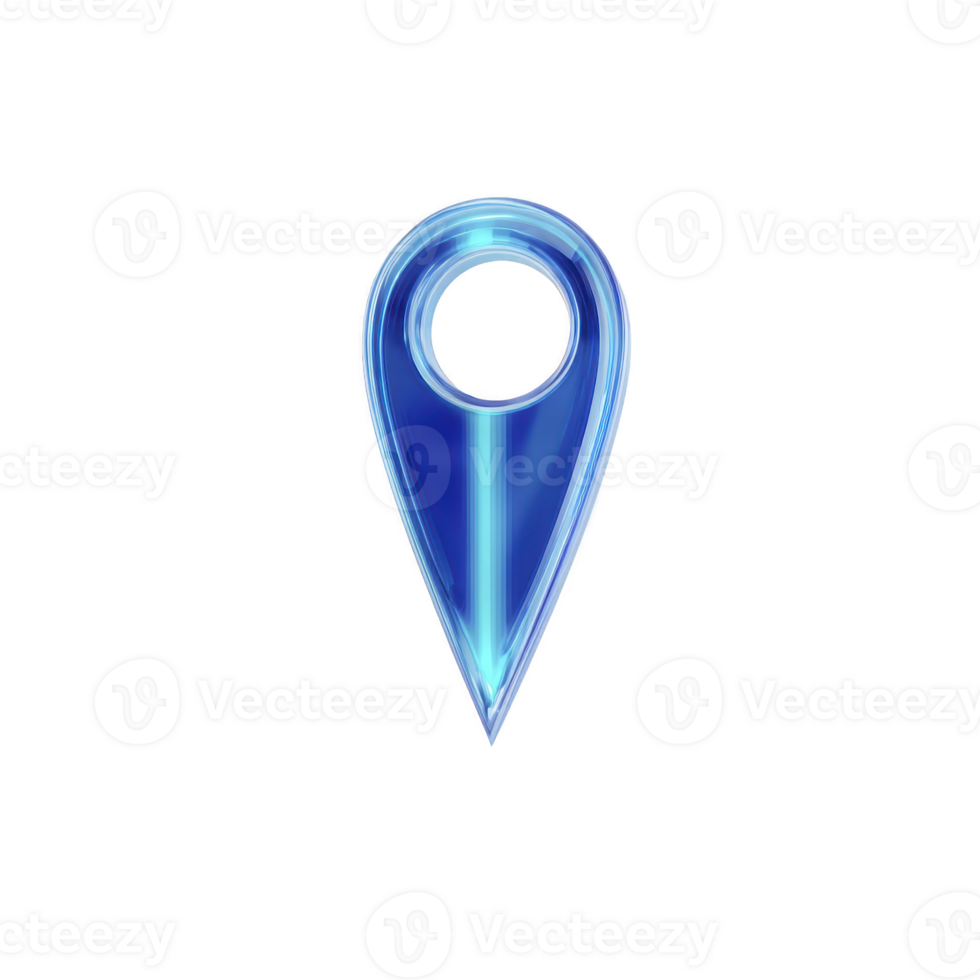 Glowing blue location pin icon with modern design, symbolizing navigation and direction. icon features sleek, luminous appearance, often used in digital maps and GPS applications png