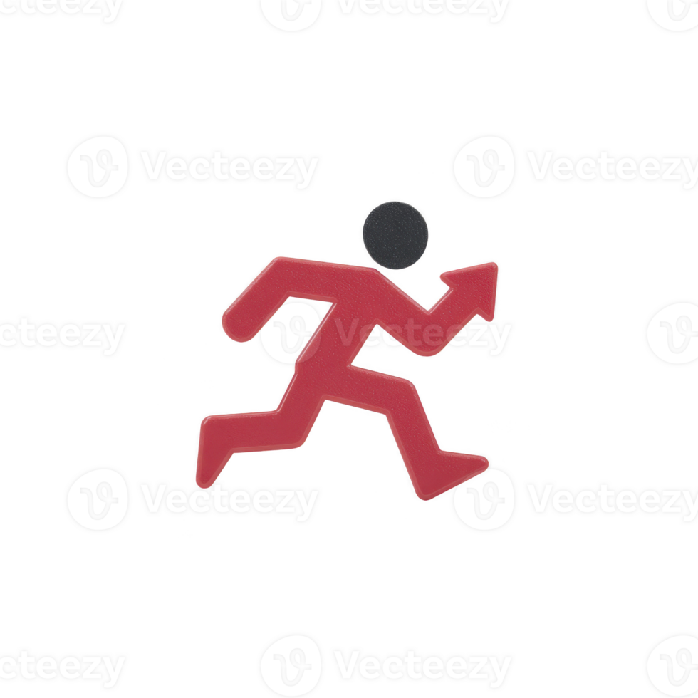 Red running figure icon with arrow pointing upward, symbolizing movement or progress. design is simple and modern, often used in signage or digital interfaces to indicate direction or action png