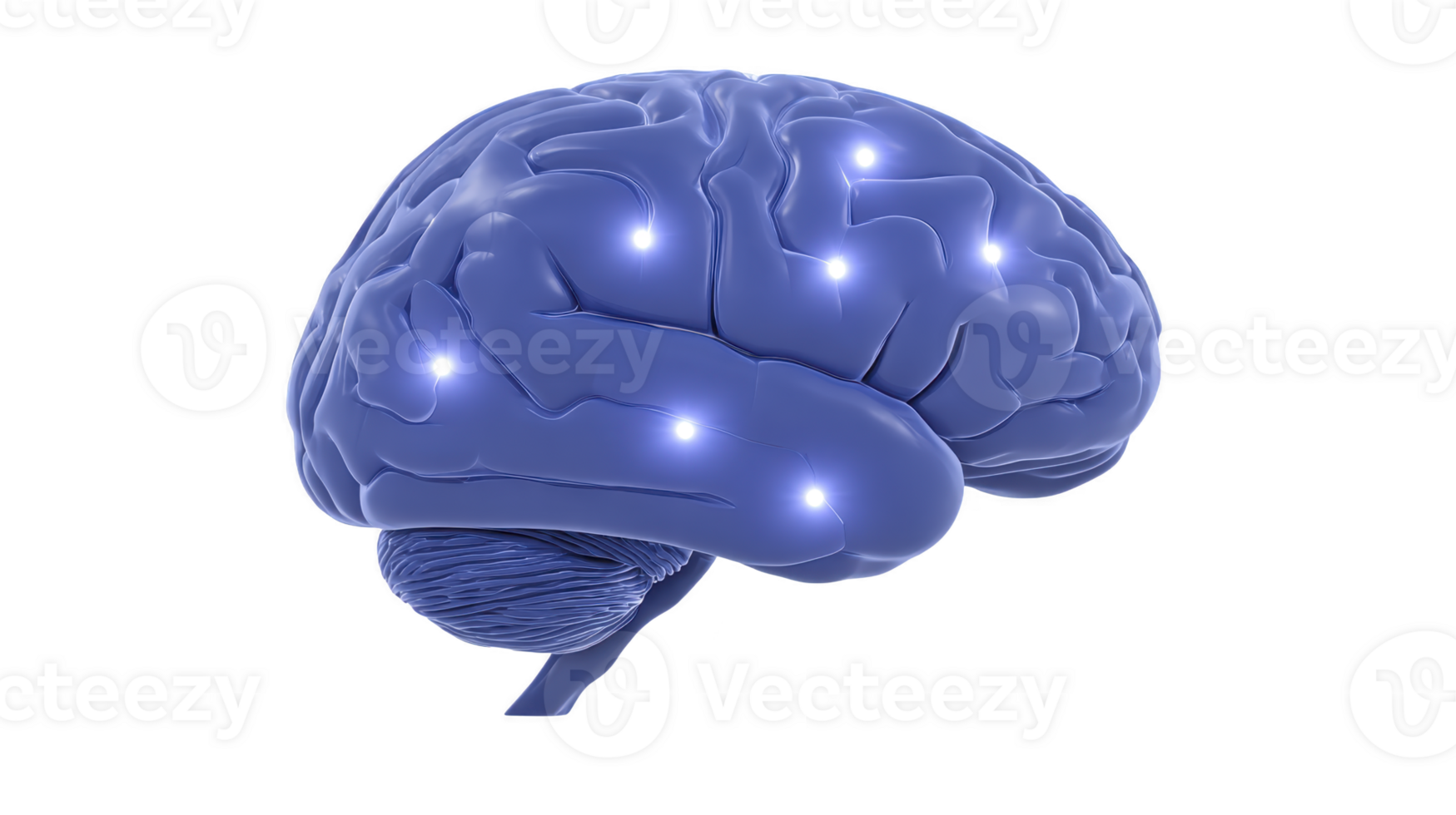 Digital illustration of blue brain with glowing nodes represents neural connections and cognitive processes. image conveys sense of intelligence and innovation png