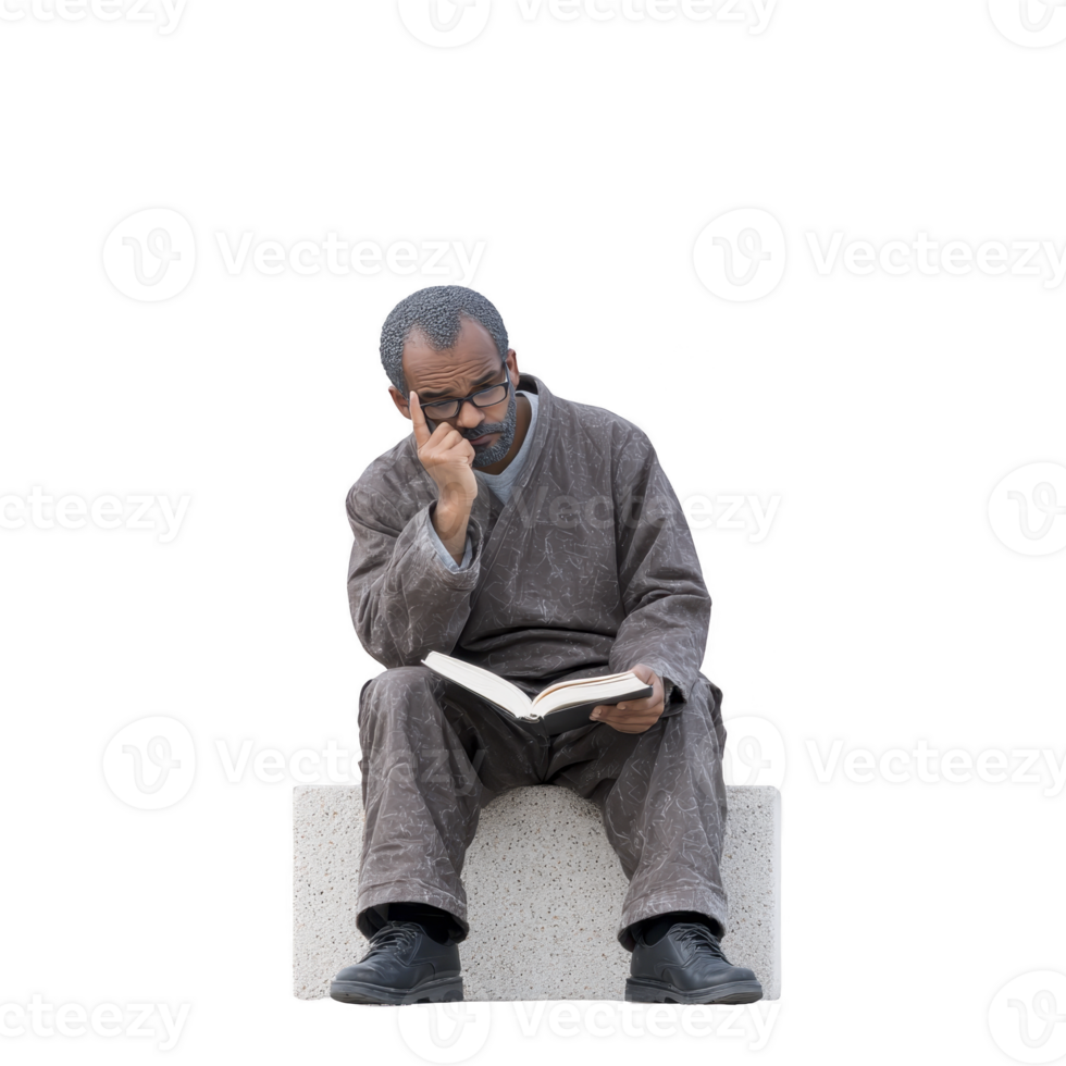 Man in casual attire sits on stone bench, deeply engrossed in reading book. He appears thoughtful, wearing glasses and brown outfit, with contemplative expression png