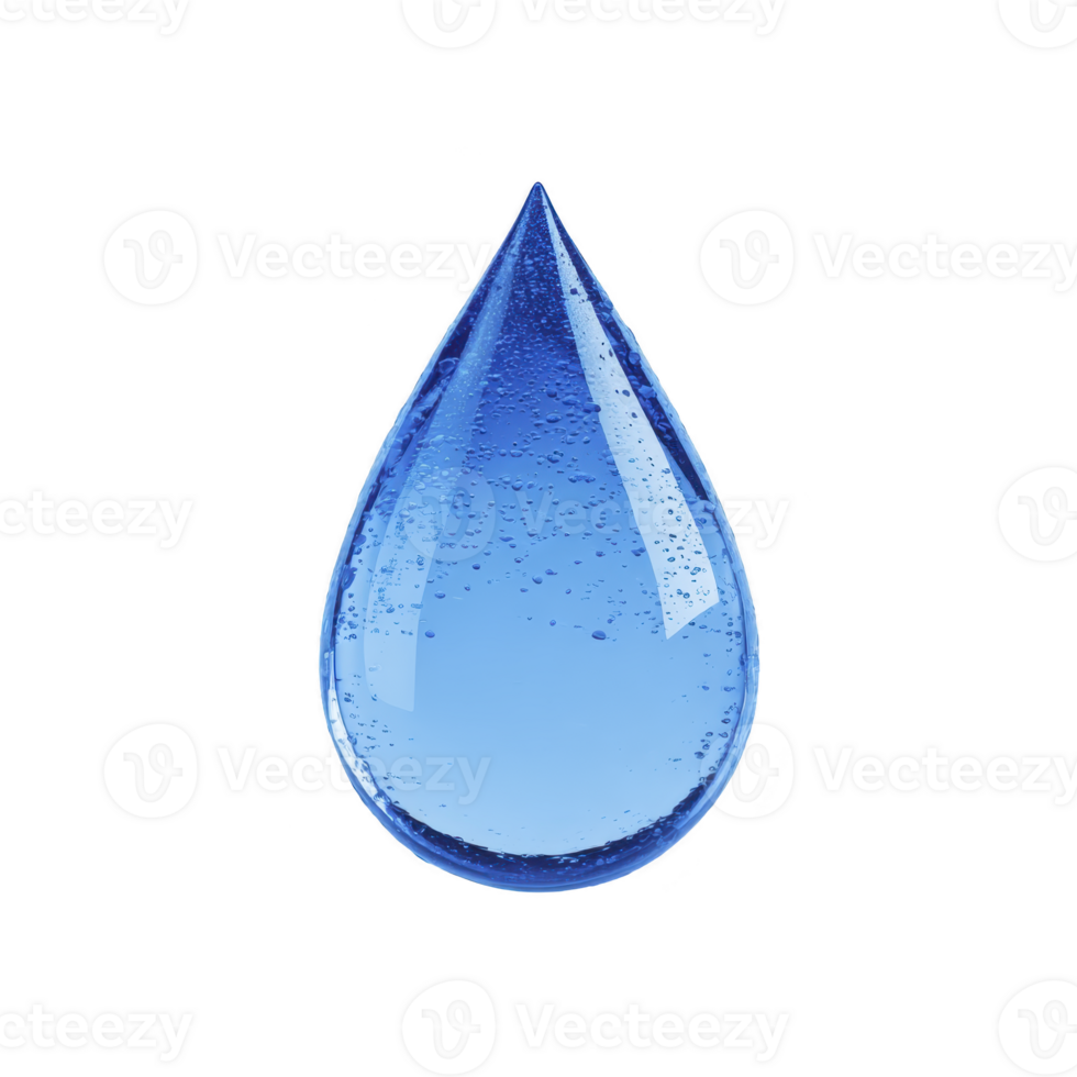 Single, clear blue water droplet with bubbles inside, isolated transparency background, symbolizes purity and freshness. droplet smooth surface and vibrant color evoke sense of calm png