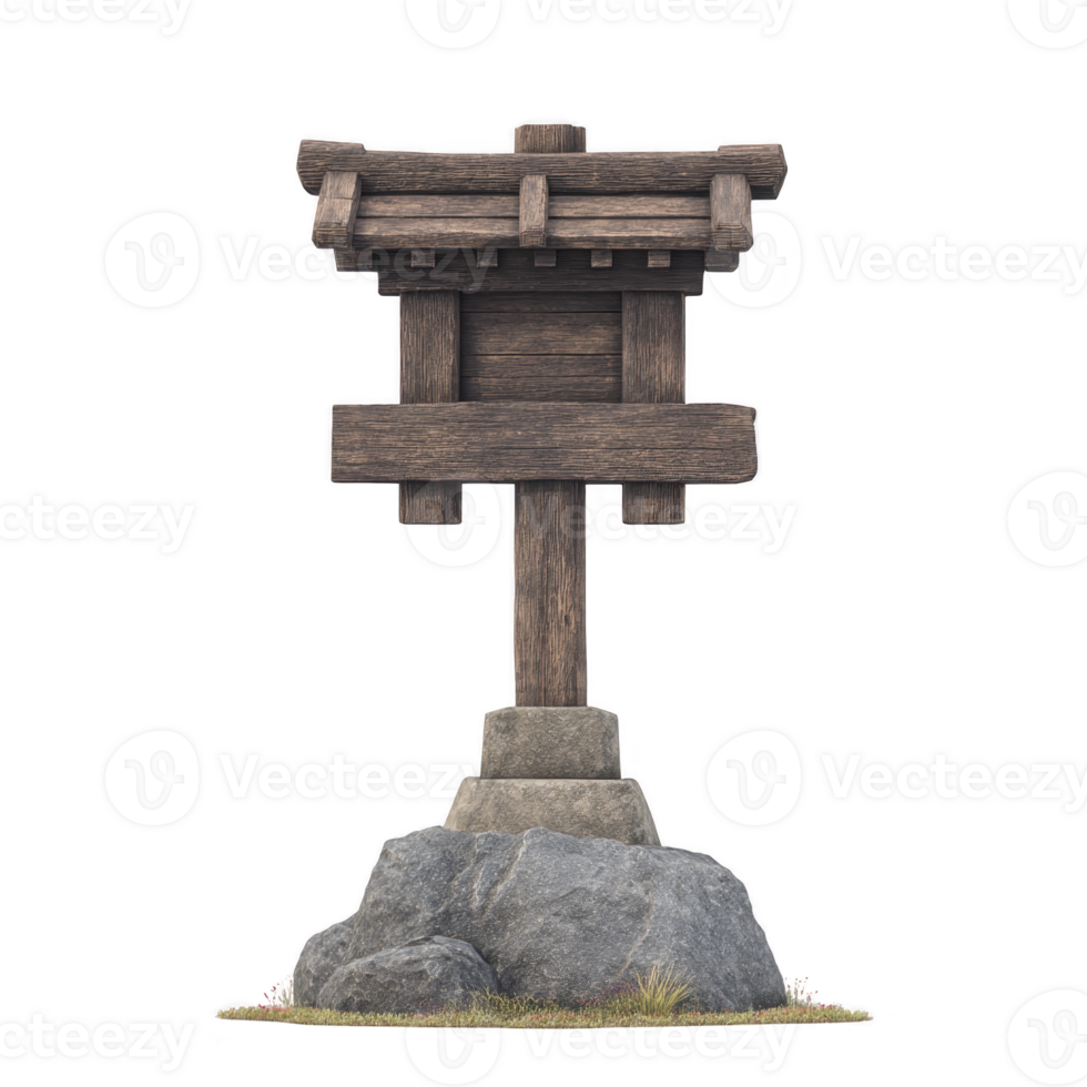 Wooden signpost with traditional design stands on stone base, surrounded by rocks and grass, evoking rustic and natural atmosphere png