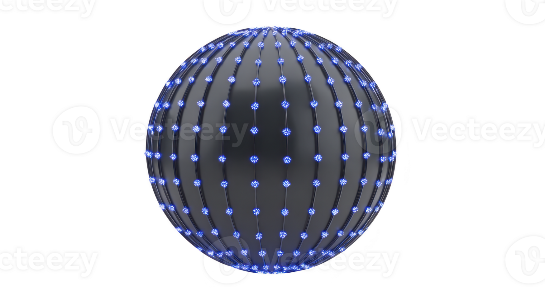3D sphere with glossy black surface is adorned with evenly spaced, glowing blue nodes, creating futuristic and technological appearance png