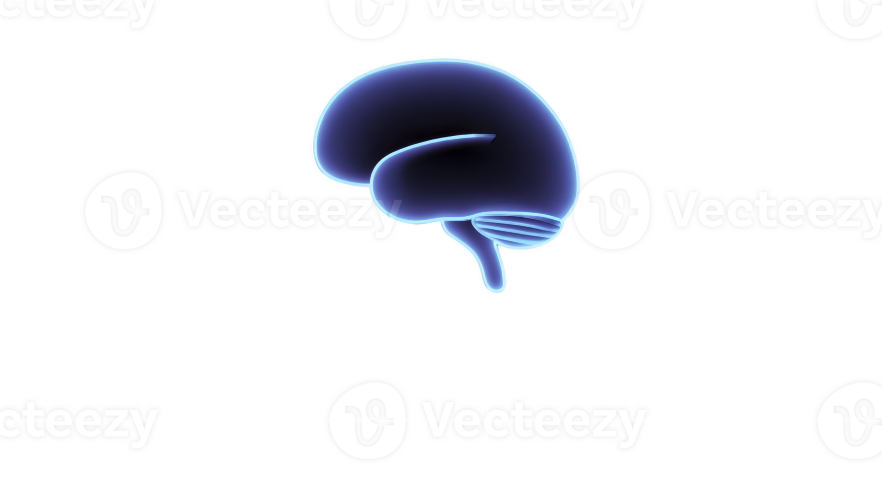 Glowing blue brain illustration on transparency background, showcasing stylized and futuristic design. image highlights brain contours and structure, evoking sense of innovation and technology png