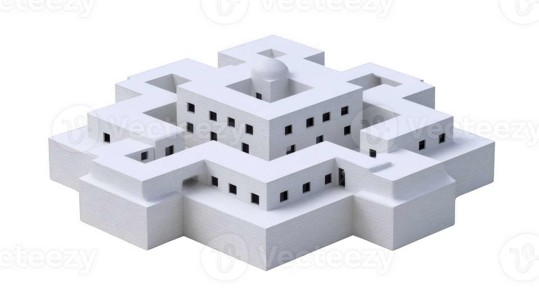Geometric, white architectural structure with symmetrical, maze like design and multiple levels, featuring central dome. building modern, minimalist style is highlighted by its clean lines png
