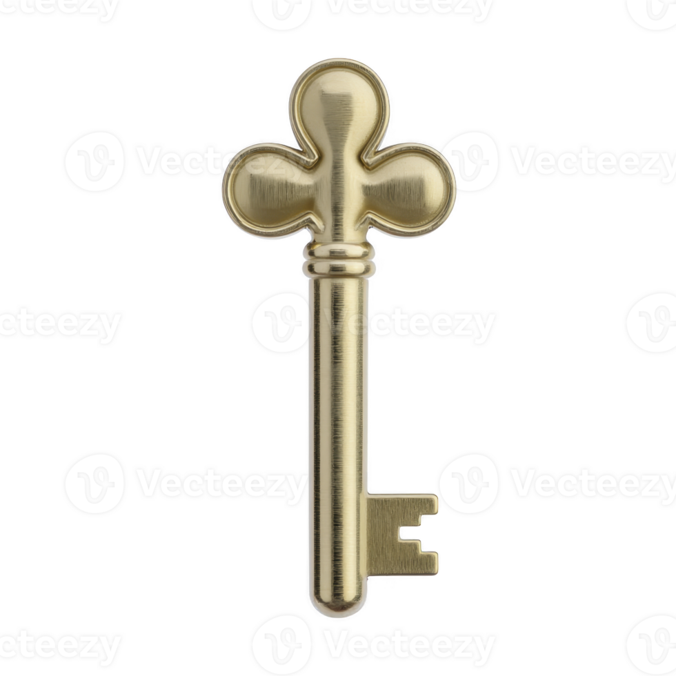 Vintage gold key with clover shaped bow and intricate design, symbolizing mystery and elegance, isolated on transparency background png