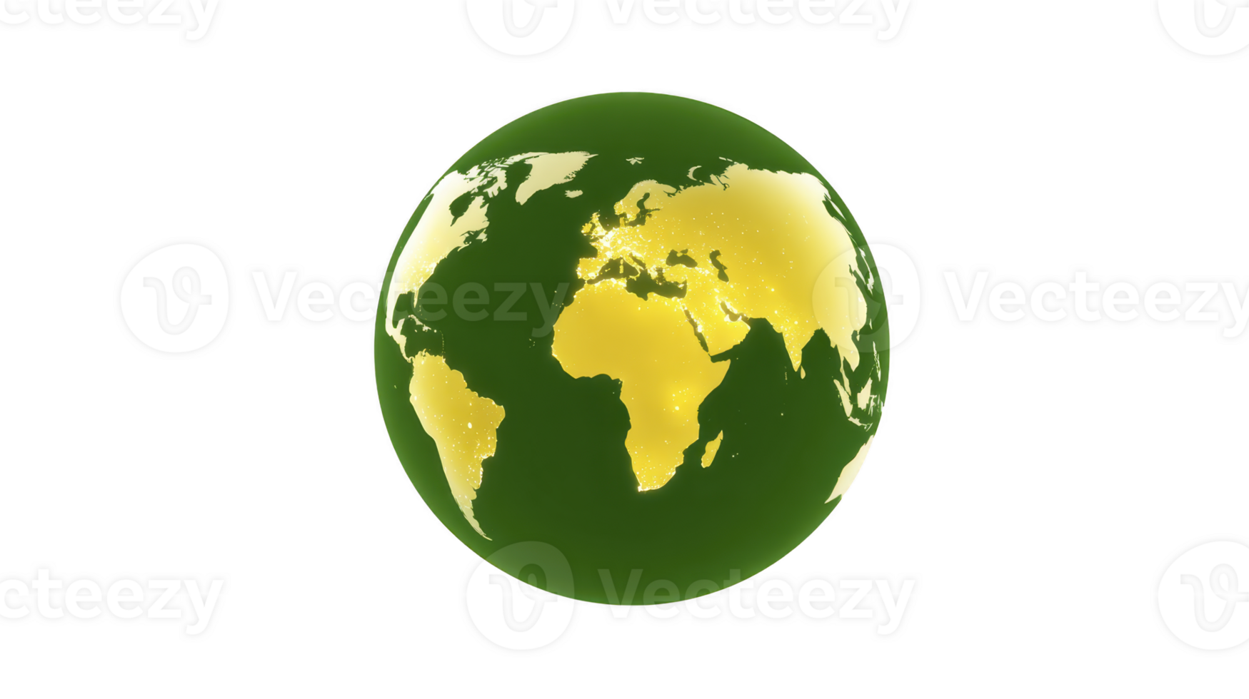 Green and gold globe illustration highlighting continents with glowing effect, symbolizing global connectivity and environmental awareness. vibrant colors evoke sense of sustainability and unity png