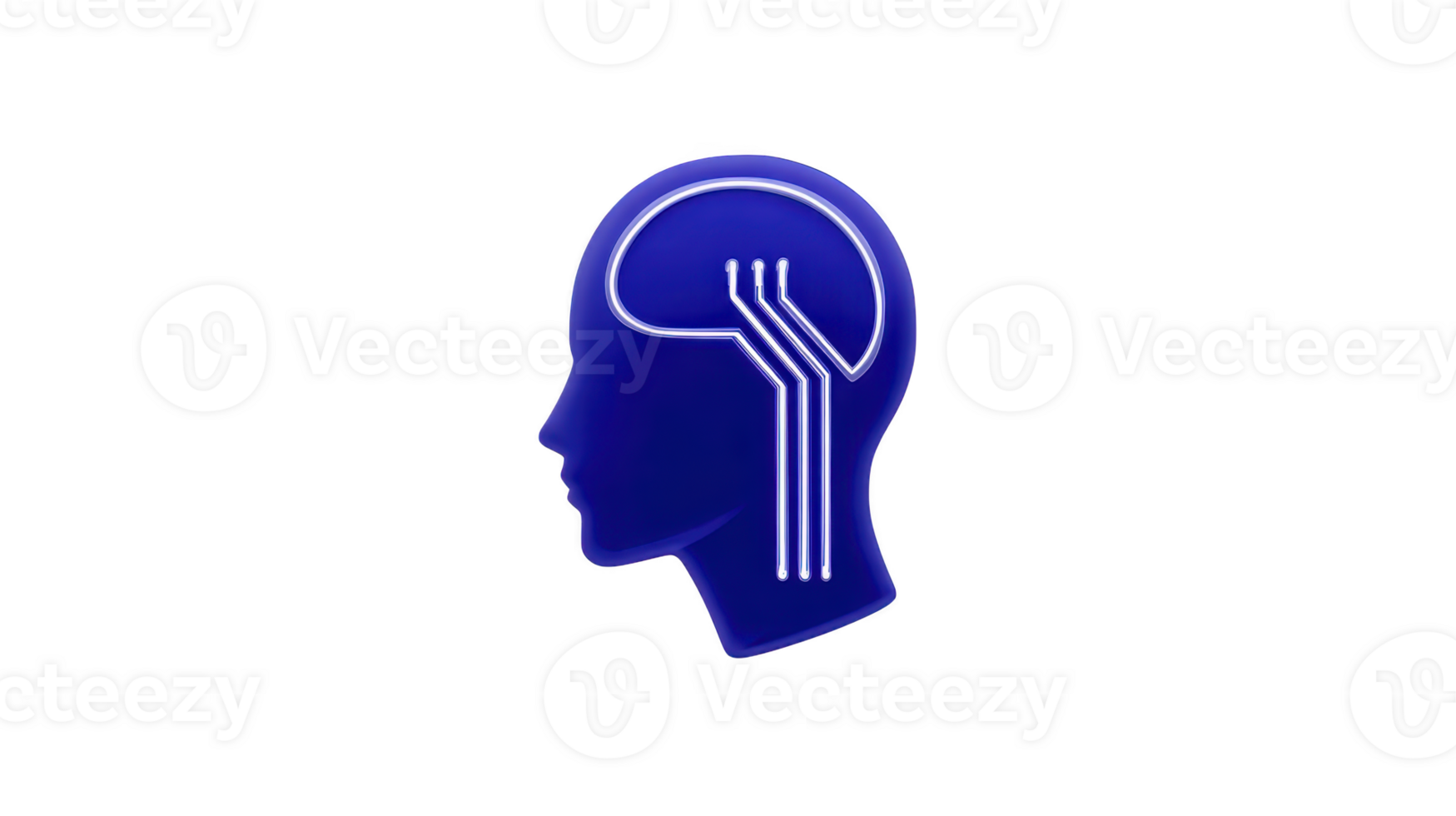 Blue silhouette of human head with stylized brain and neural pathways symbolizes artificial intelligence and technology. design is sleek and modern, representing innovation png