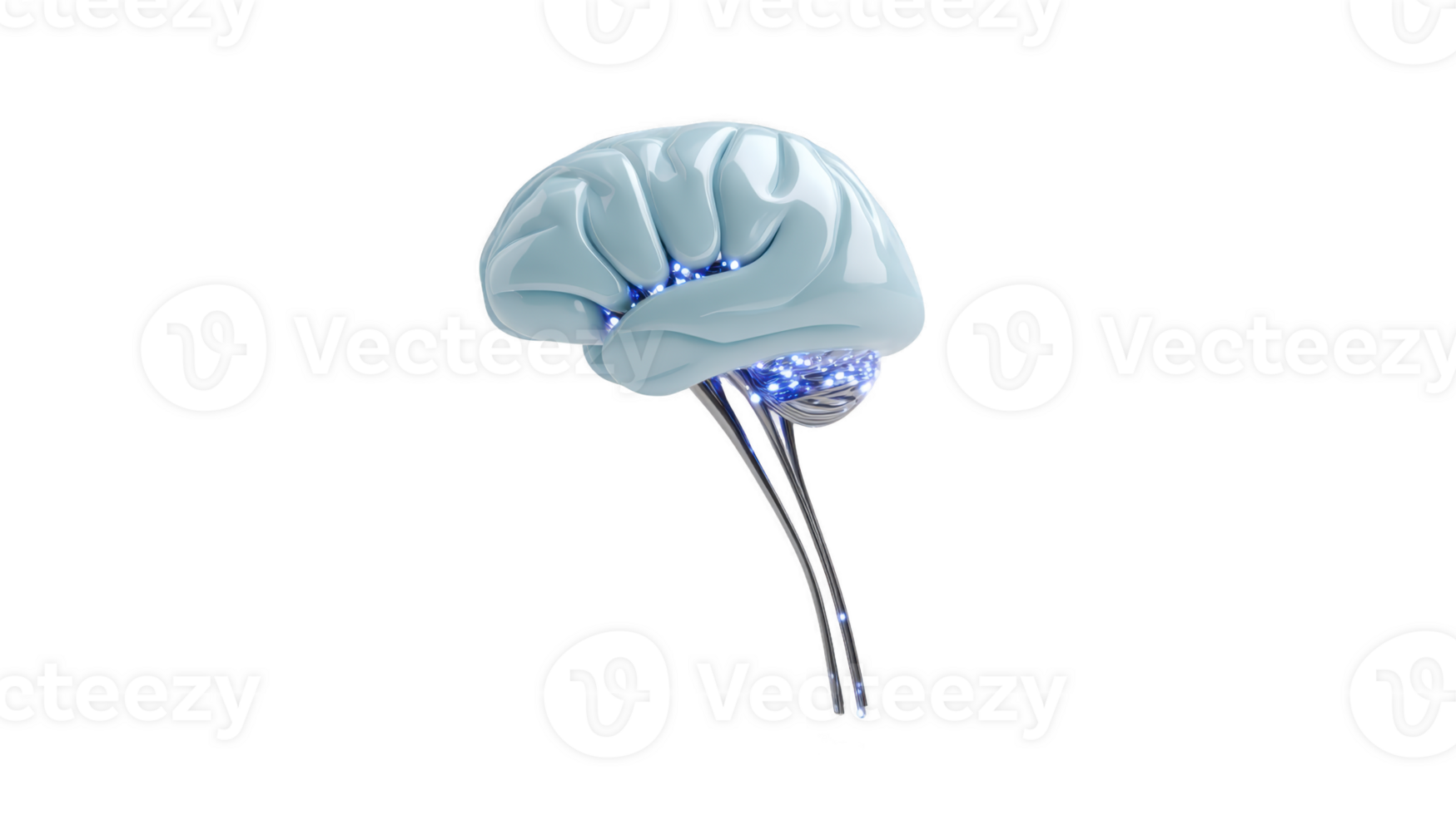 Futuristic, abstract representation of human brain with glossy, metallic finish and glowing blue lights, symbolizing advanced technology and innovation png