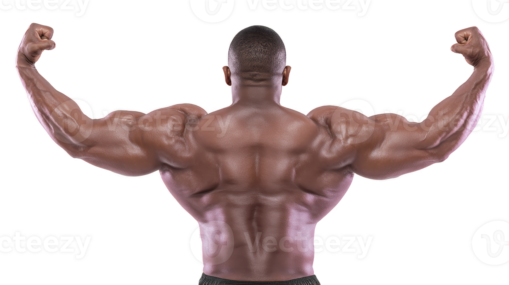 Muscular man flexing his back and arm muscles, showcasing strength and fitness. image highlights definition and size of his muscles, emphasizing bodybuilding and physical health png