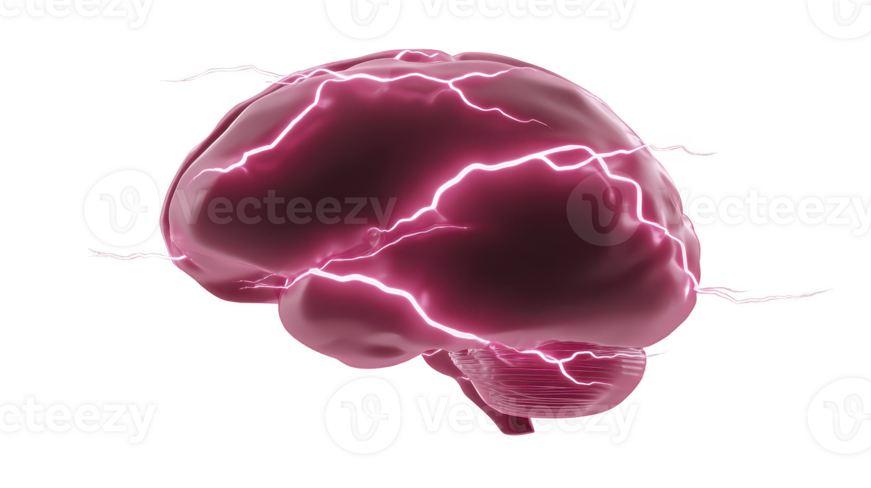 Glowing pink brain with electric currents symbolizes creativity and innovation. vibrant energy and dynamic design evoke sense of power and intelligence png