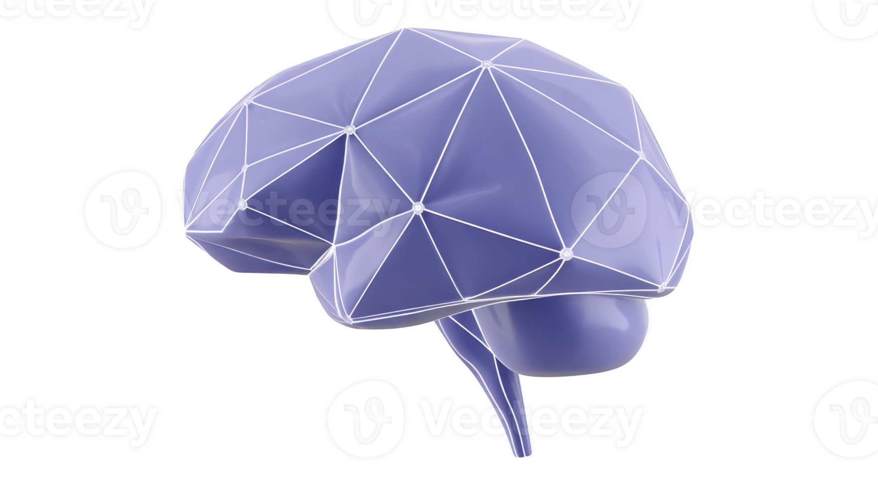 3D illustration of stylized brain with geometric polygonal design, featuring network of interconnected lines and nodes. brain is depicted glossy purple color, symbolizing technology and innovation png