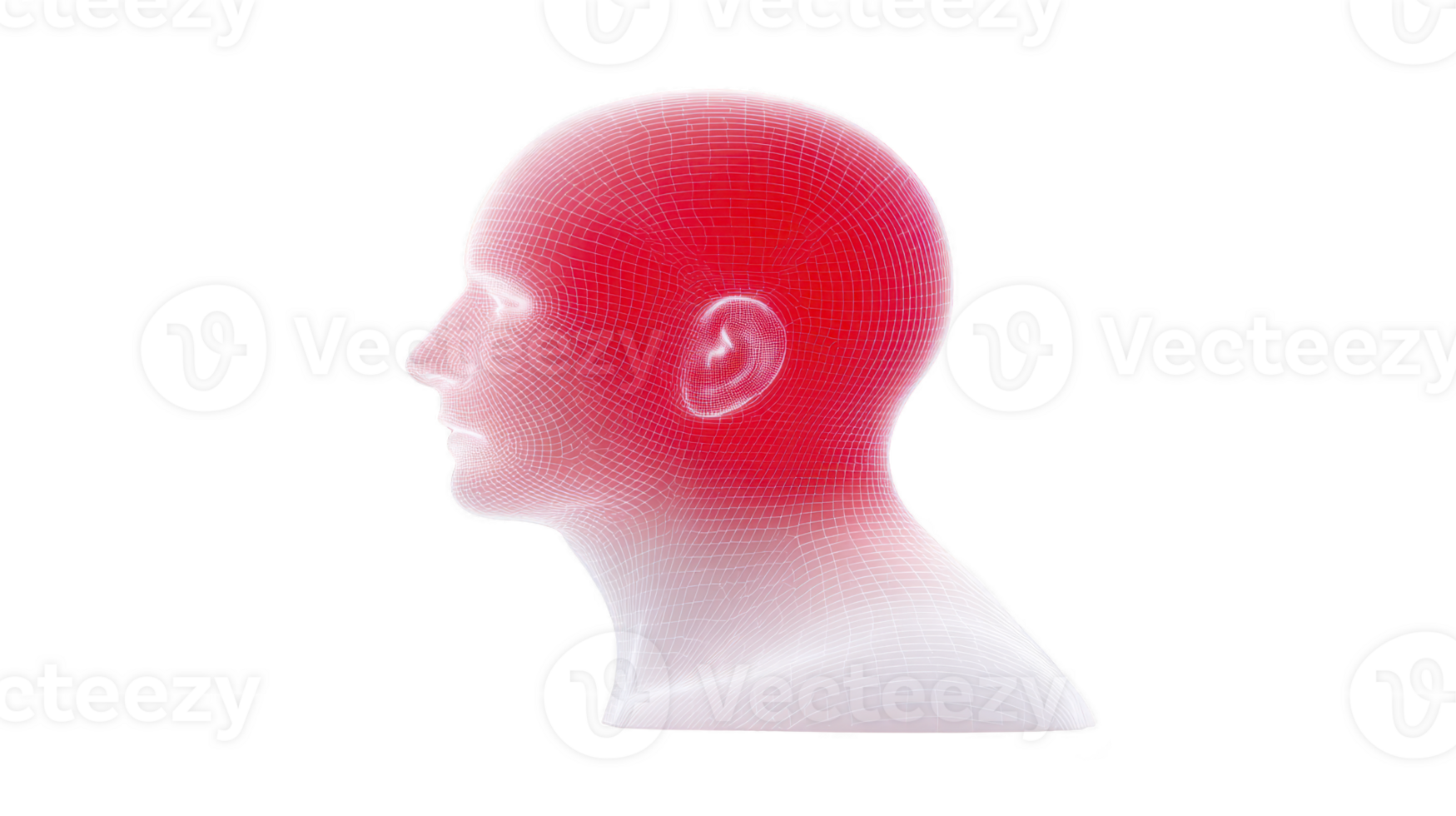 Digital rendering of human head in profile with red gradient and wireframe design, symbolizing technology and innovation. image conveys futuristic and abstract concept png