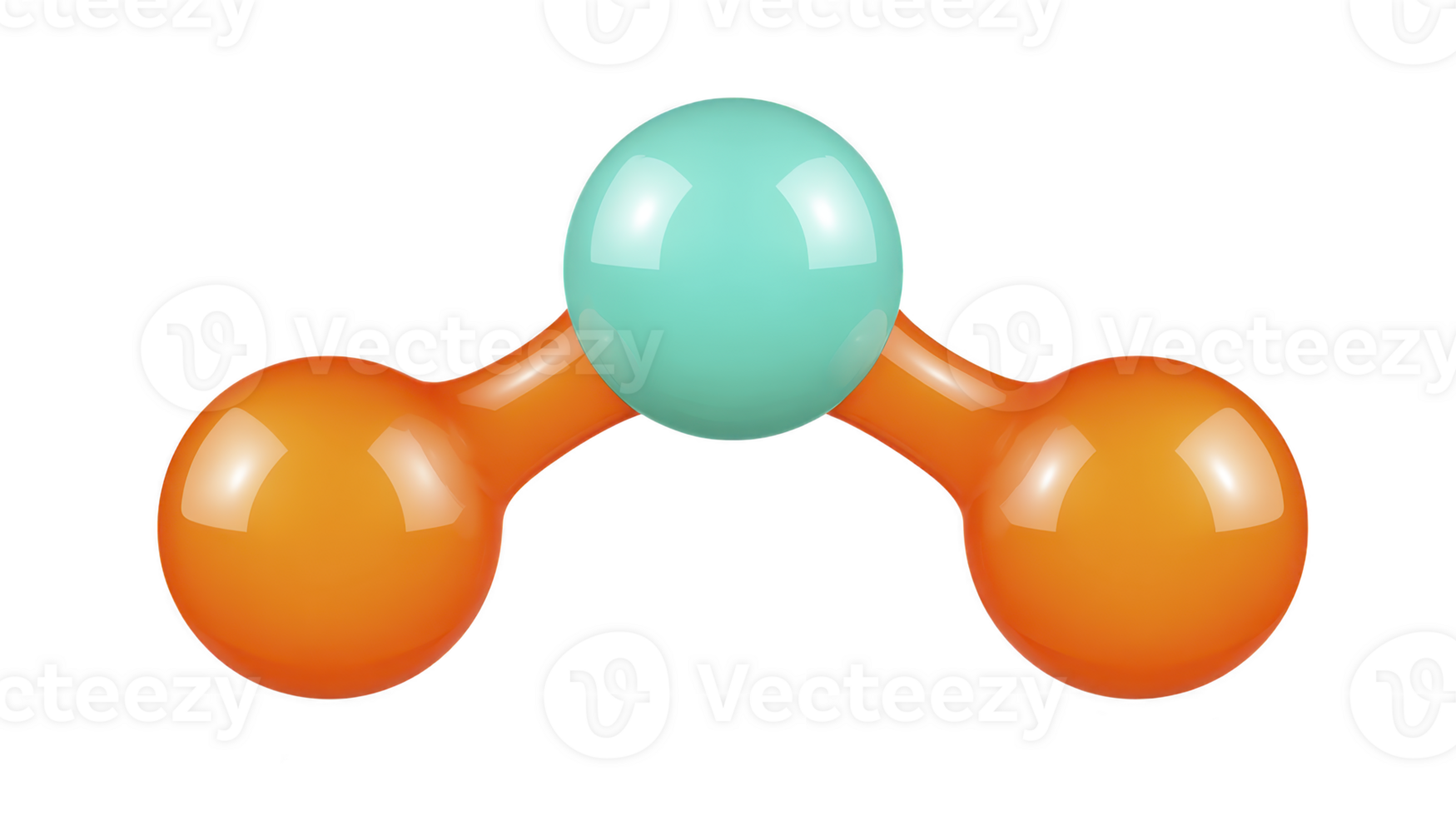 3D molecular model with central blue sphere connected to two orange spheres, representing simple chemical structure. glossy finish adds modern, educational feel png