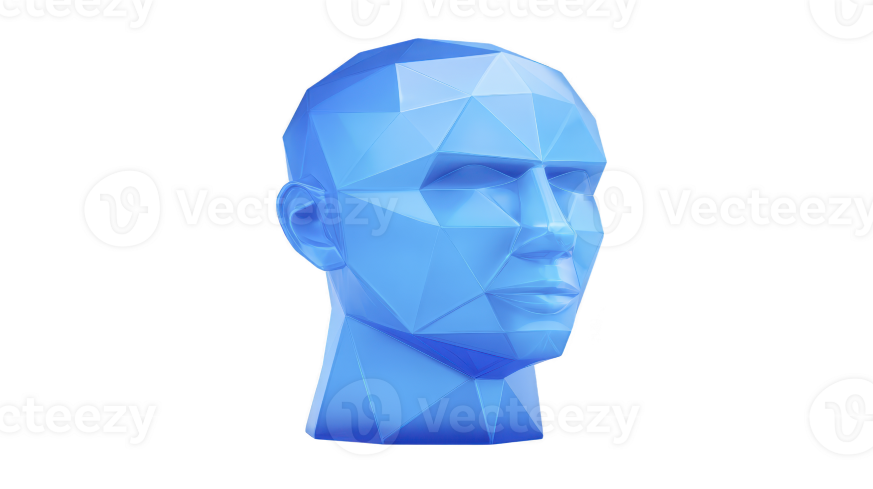 Blue geometric polygonal human head sculpture with faceted surface, showcasing modern digital art style. abstract design emphasizes sharp angles and symmetry, creating futuristic appearance png