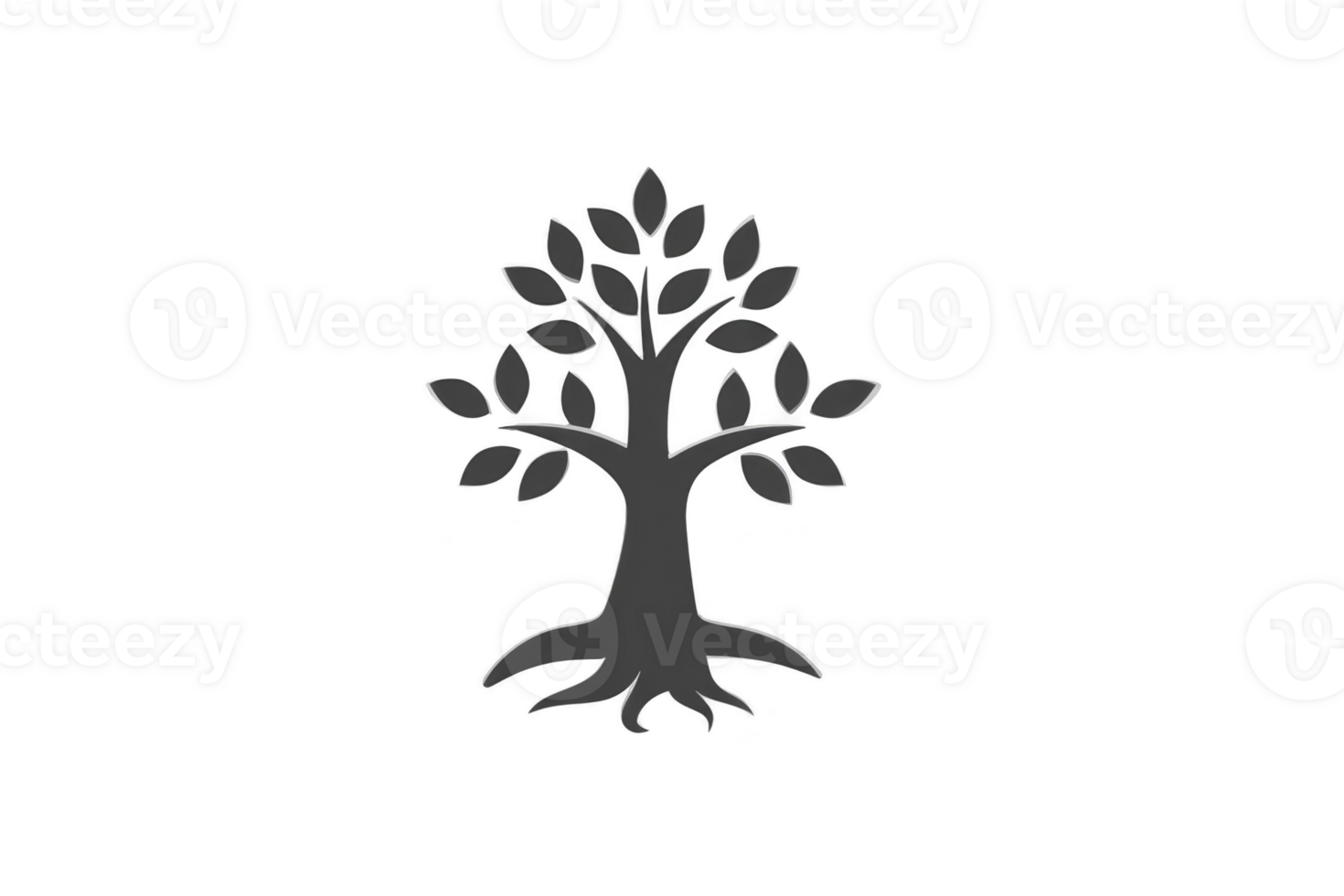 Simple black silhouette of tree with roots and branches, featuring multiple leaves, is depicted against plain background. design is minimalistic and elegant png