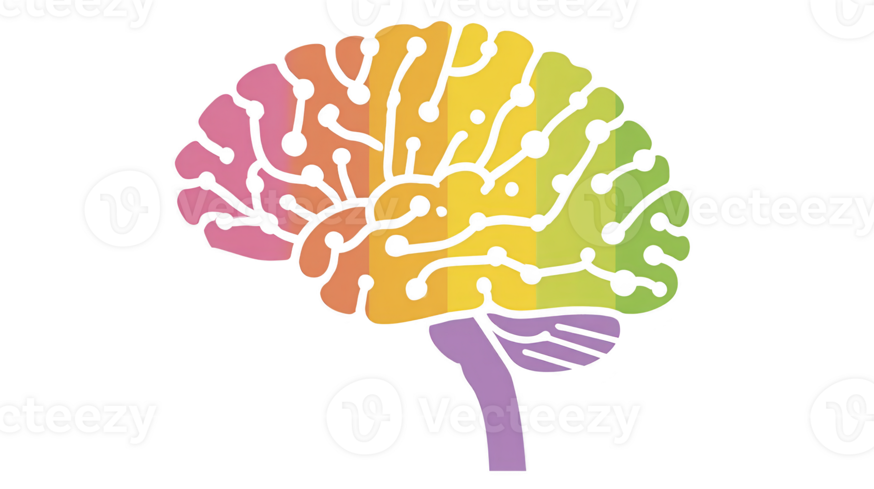 Colorful illustration of brain with interconnected nodes, symbolizing creativity and connectivity. gradient of colors from pink to green adds vibrant and modern touch png