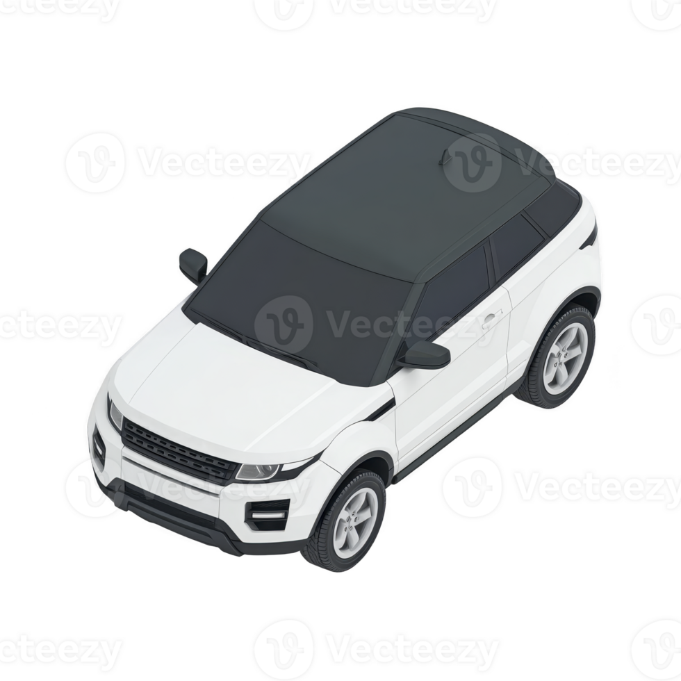 Sleek white SUV with black roof is shown from isometric perspective, highlighting its modern design and compact size. vehicle clean lines and stylish appearance make it stand out png