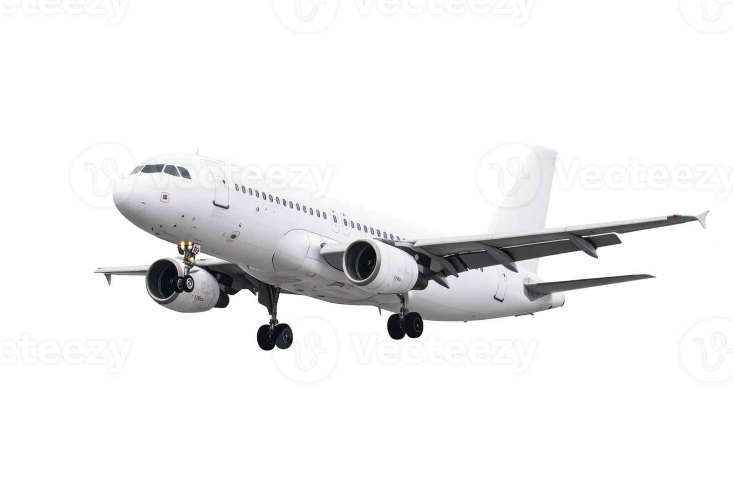 White commercial airplane in flight with landing gear extended, set against clear sky. aircraft is twin engine jet, commonly used for passenger transport png