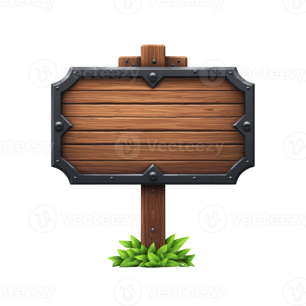 Wooden sign with metal frame stands surrounded by green leaves, evoking rustic and inviting atmosphere. blank space is perfect for adding text or graphics png