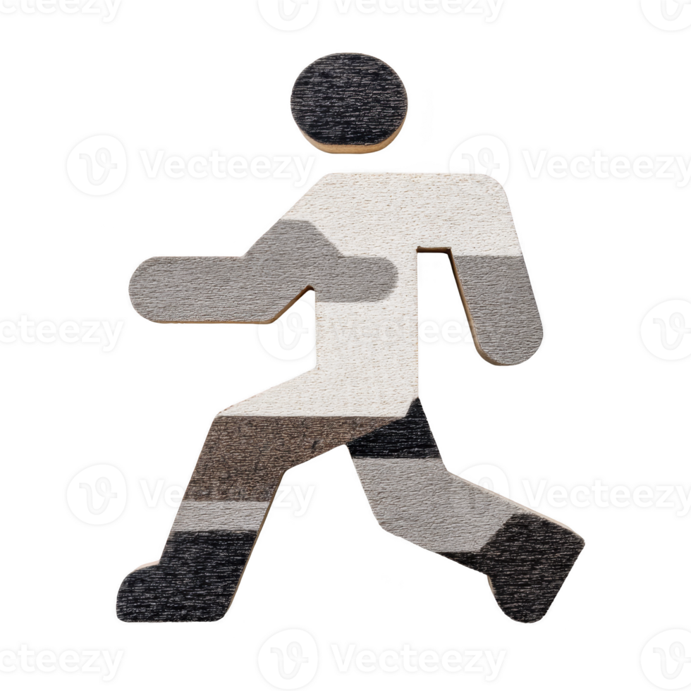 Wooden figure of person walking is depicted with textured, multicolored surface in shades of gray and brown, conveying sense of movement and simplicity png