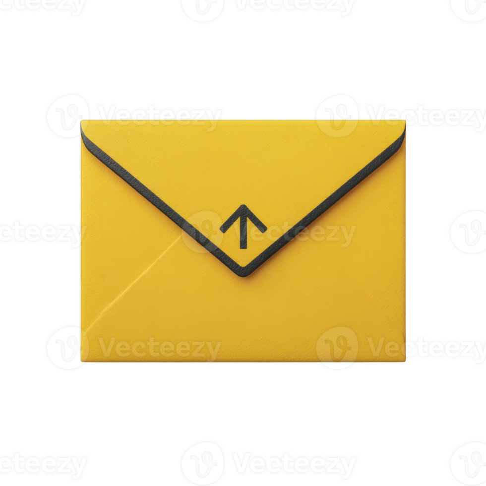 Yellow envelope with black arrow symbol on flap, suggesting upward movement or sending mail. envelope is isolated on transparency background, emphasizing its vibrant color and design png