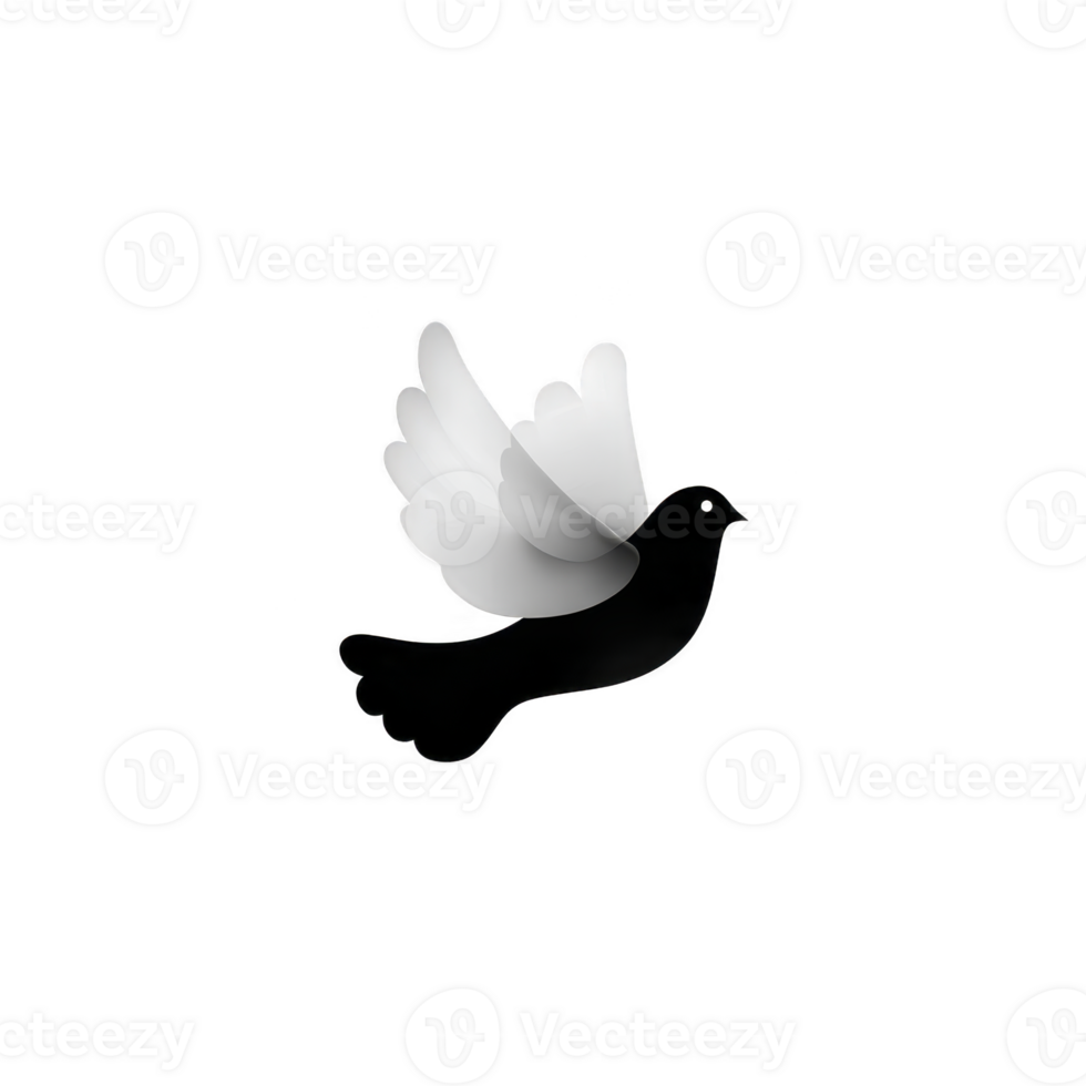 Stylized black and white dove with outstretched wings symbolizes peace and freedom. minimalist design emphasizes simplicity and elegance, conveying sense of calm and hope png