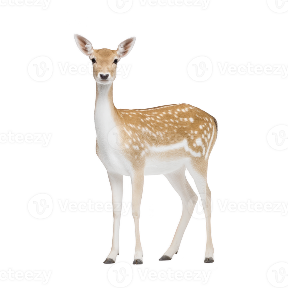 Graceful deer with spotted coat stands alertly, showcasing its slender legs and large ears. white spots on its brown fur create striking pattern, highlighting its natural beauty png