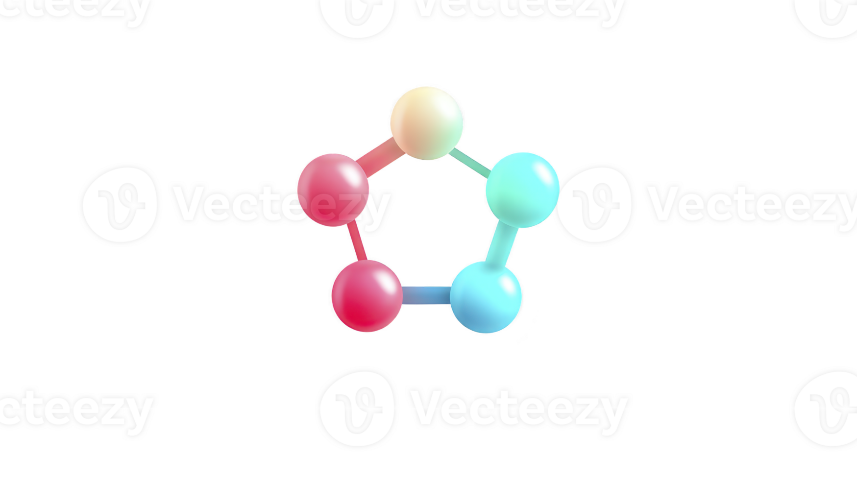 Colorful 3D molecular structure with five connected spheres pentagonal arrangement, each sphere different shades of red, blue, and yellow, representing atoms or molecules. image conveys sense png