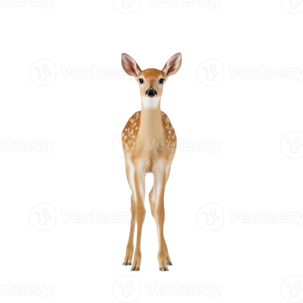 Young deer with gentle expression stands against transparency background, showcasing its delicate features and spotted coat. image captures innocence and grace of animal png