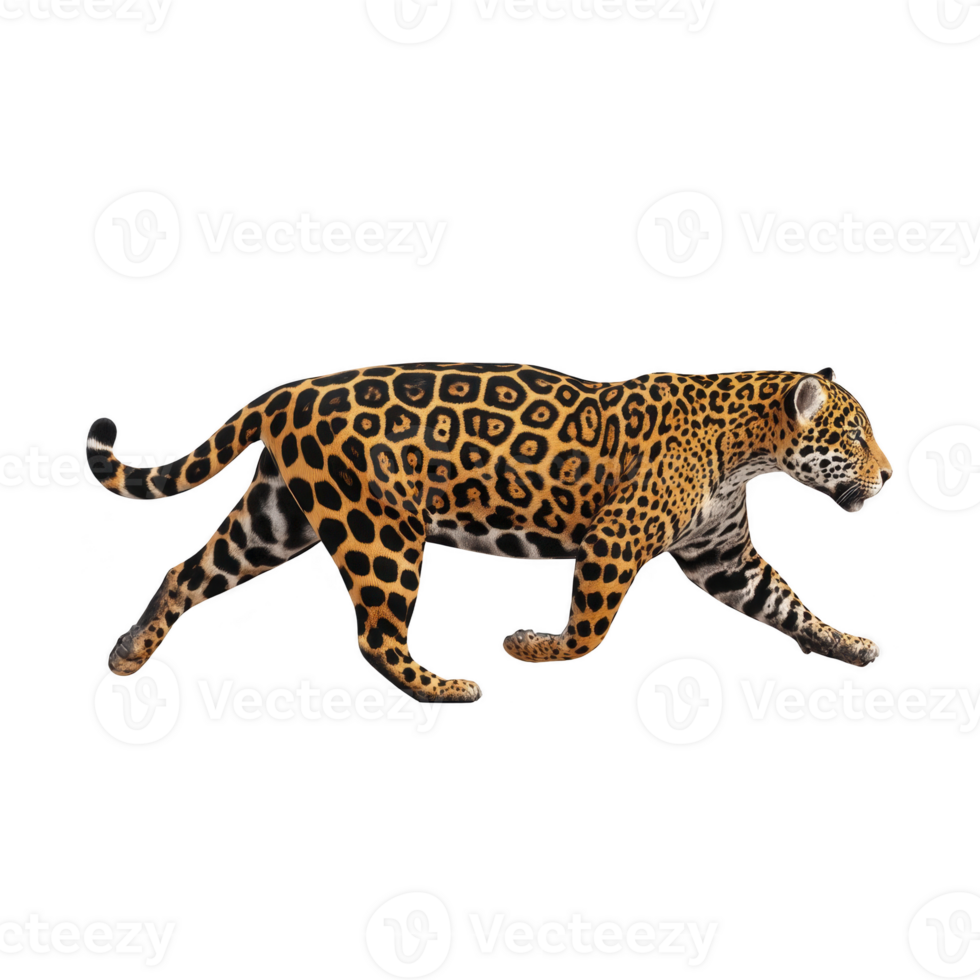 Majestic jaguar with striking spotted coat walks gracefully, showcasing its powerful build and keen focus. intricate pattern of its fur highlights beauty and strength of this wild feline png